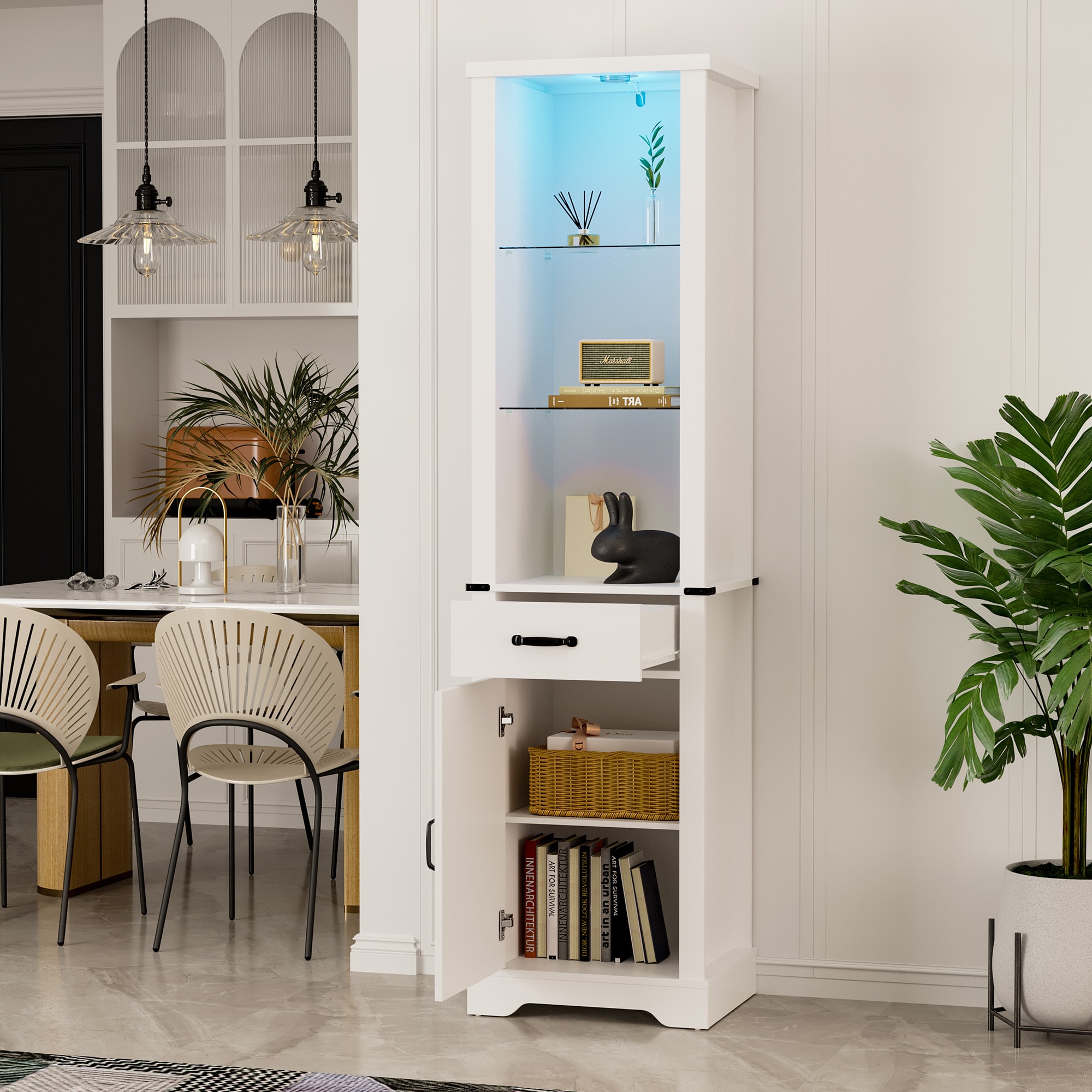 75'' Tall Storage Cabinet With LED Light, Farmhouse Pantry Cabinet With Tempered Glass Adjustable Shelves & Barn Door, Freestanding Linen Tower For Bathroom, Living Room, Kitchen, White_voghion.com